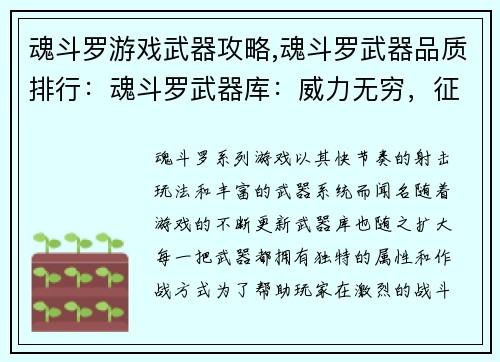 魂斗罗游戏武器攻略,魂斗罗武器品质排行:魂斗罗武器库:威力无穷,征战天下 魂斗罗游戏武器攻略,魂斗罗武器品质排行:魂斗罗武器库:威力无穷,征战天下