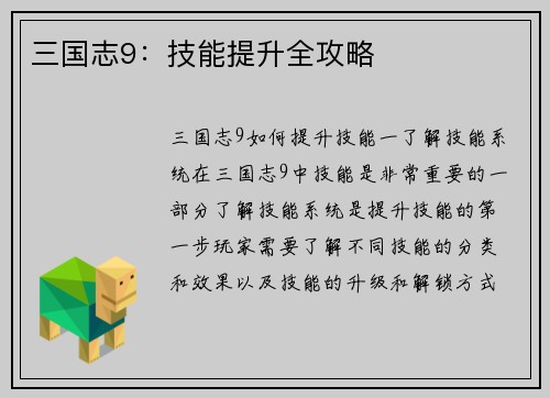 三国志9:技能提升全攻略 三国志9:技能提升全攻略